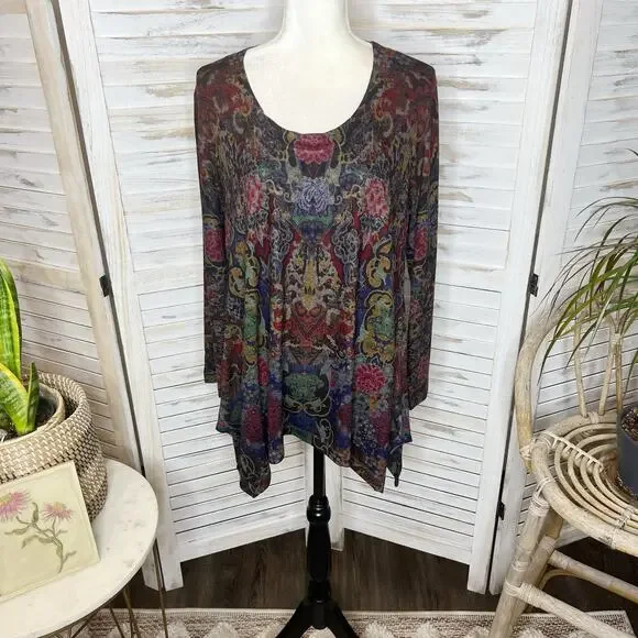 SOFT SURROUNDINGS Women's Pet L Poppy Feild Printed Dark Floral Tunic Top - Picture 3 of 16